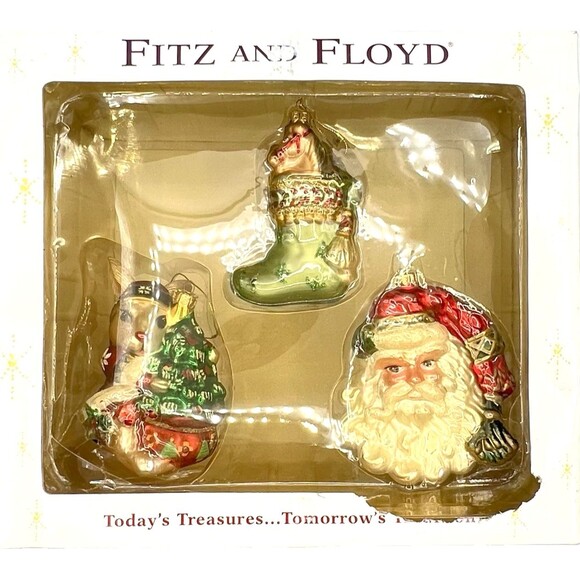 Fitz And Floyd Vintage Glass Christmas Ornaments 2004 Glass Santa Stocking Bunny - Picture 1 of 13